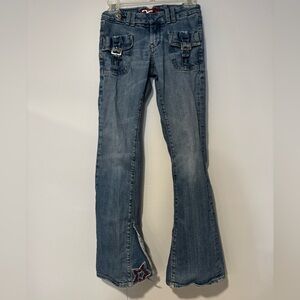 Miss Vigoss Buckle Pocket Flare Patchwork Star Pull On Jeans Vintage Size 1/2